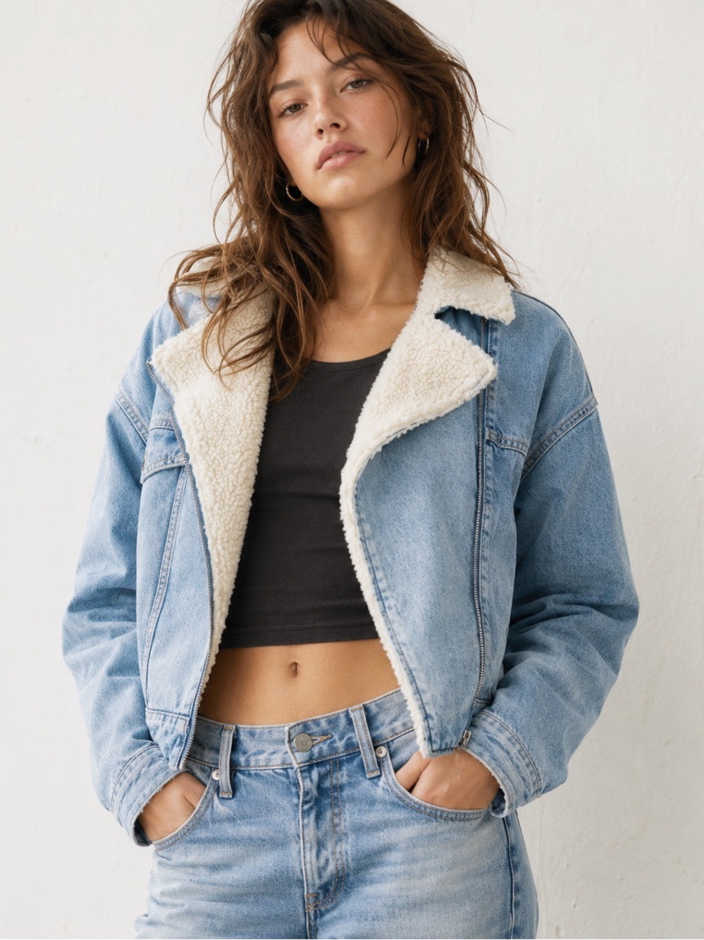 Garage Woman Blue Denim Sherpa Aviator Crop Jean Jacket MEDIUM Boho Country Folk - Picture 1 of 9